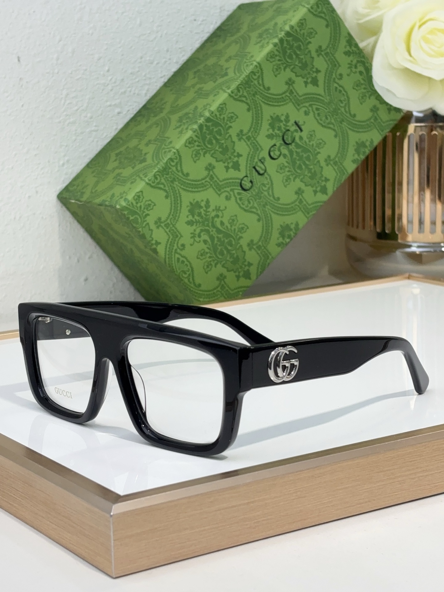 Gucci Square Acetate Optical Eyeglasses with Red - Black Accents & Gold Double G - GG1130O