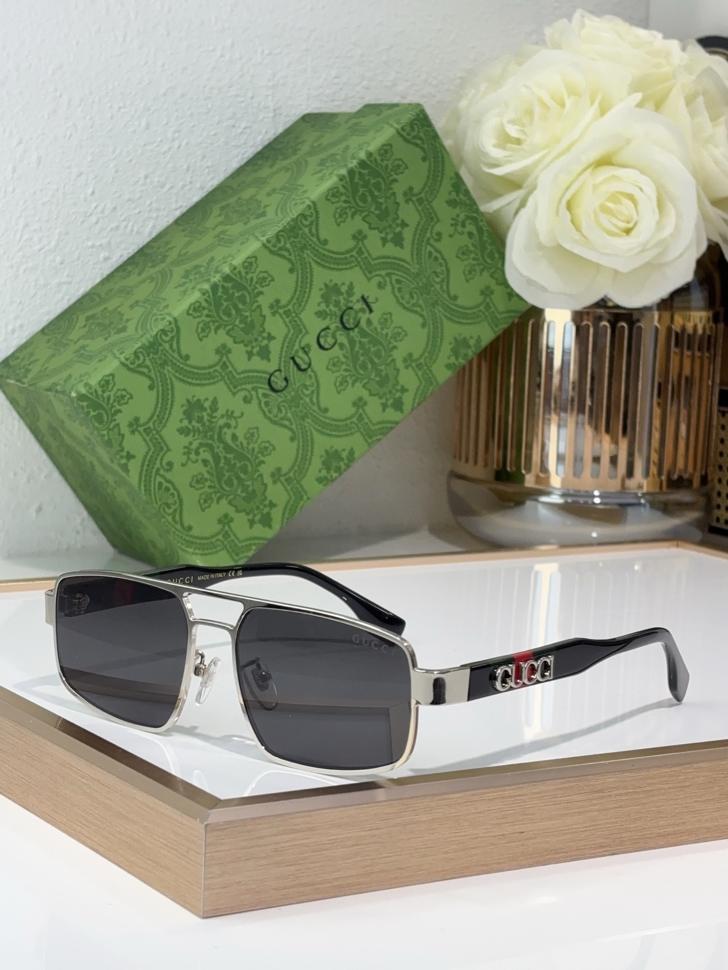Gucci Square Metal Sunglasses with Red - Black Temple Accents & Dark Gray Lenses - GG1288S