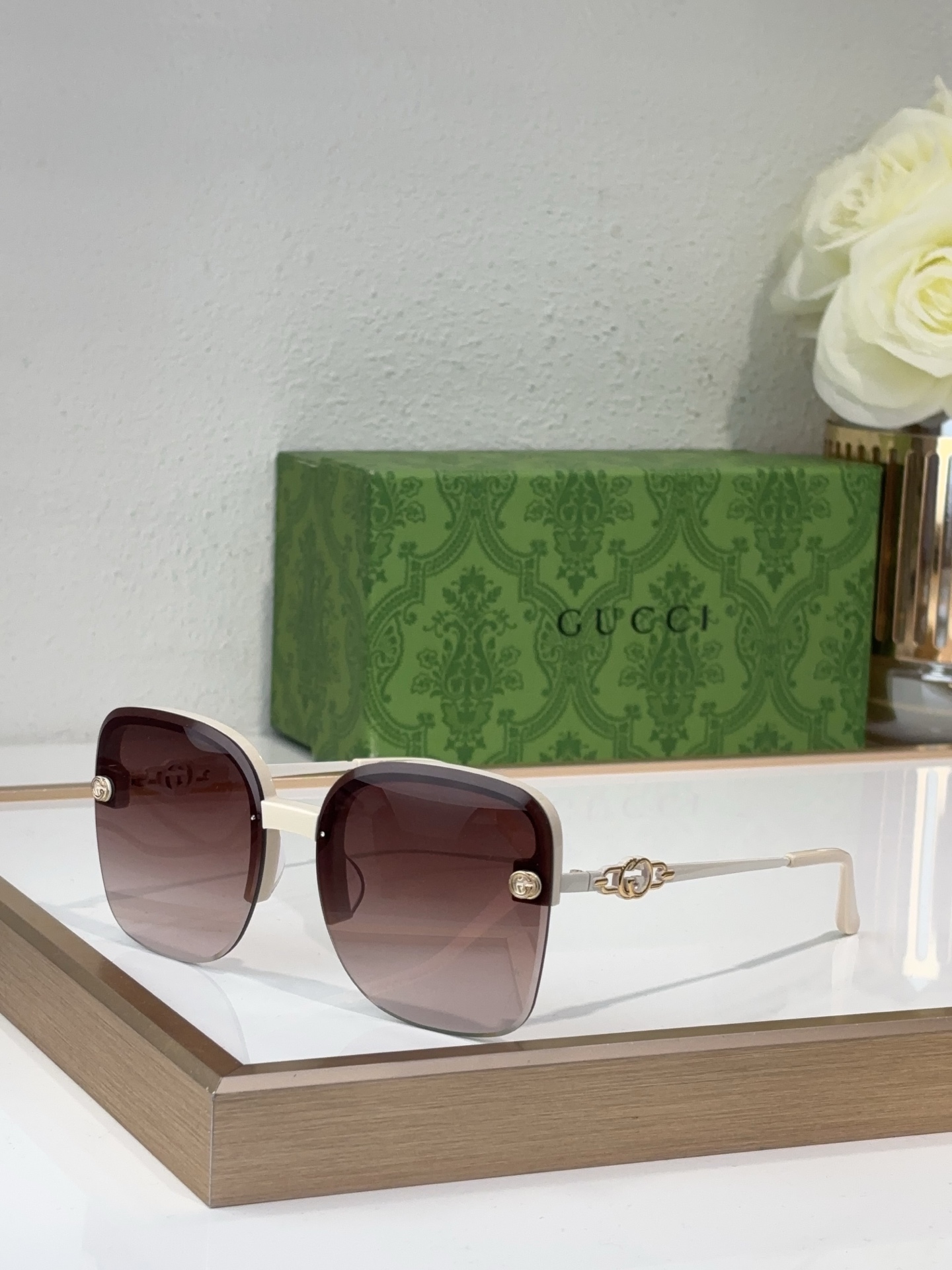 Gucci Semi - Rimless Square Sunglasses with Navy Acetate & Gold Double G Chain Temples - GG1286S