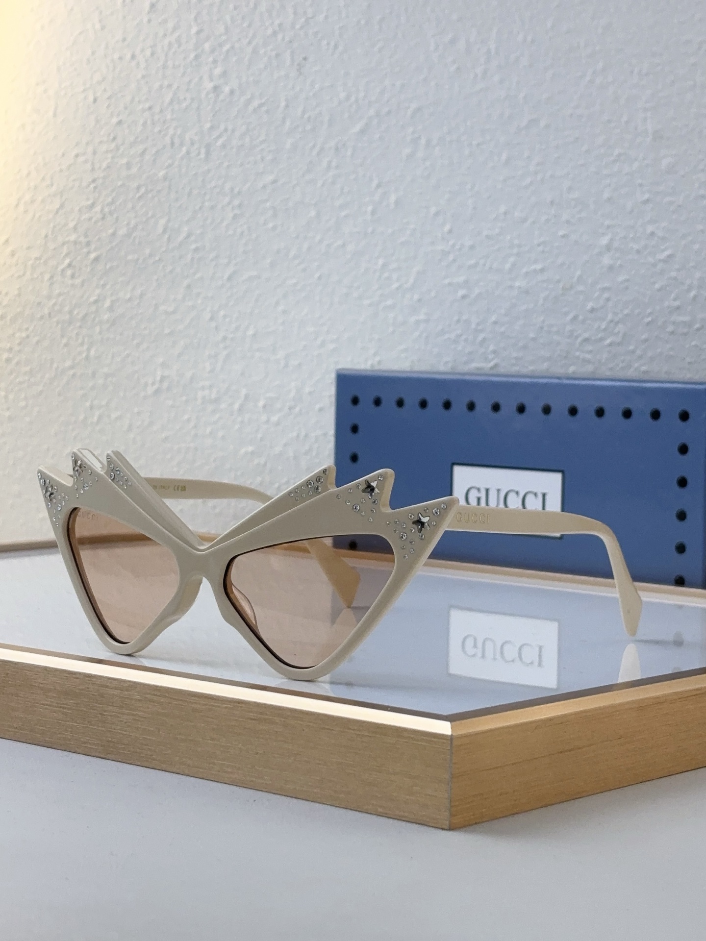 Gucci Cat - Eye Acetate Sunglasses with Crystal & Star Embellishments, Black Frame & Dark Gray Lenses - GG1280S