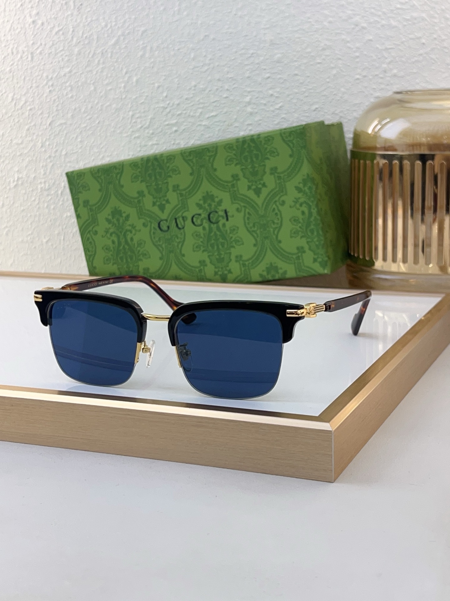 Gucci Semi - Rimless Square Sunglasses with Gold Accents, Tortoiseshell Frame & Blue Lenses - GG1278S