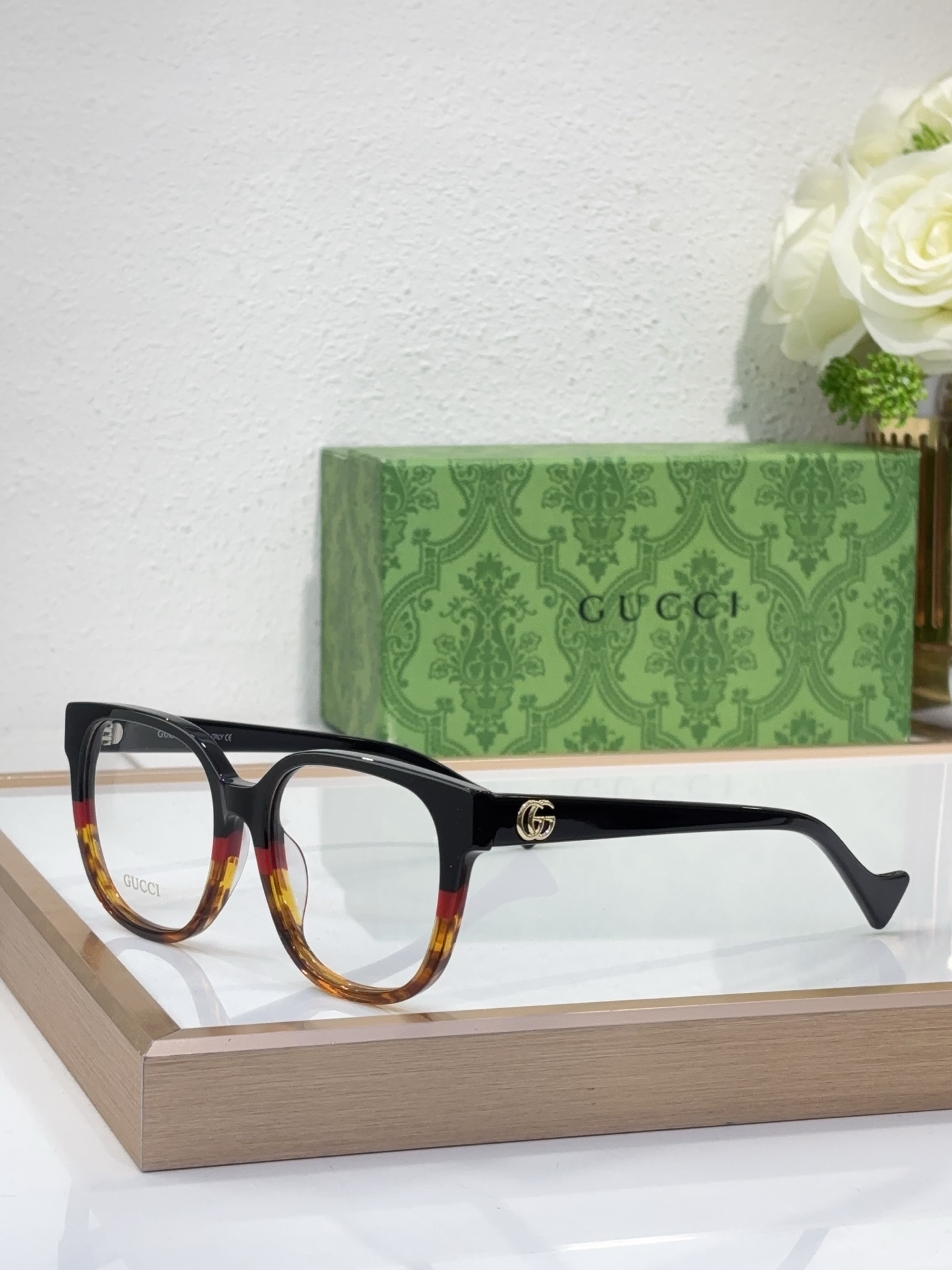 Gucci Square Acetate Optical Eyeglasses with Gold Double G Accents & Prescription Lenses - GG1273O