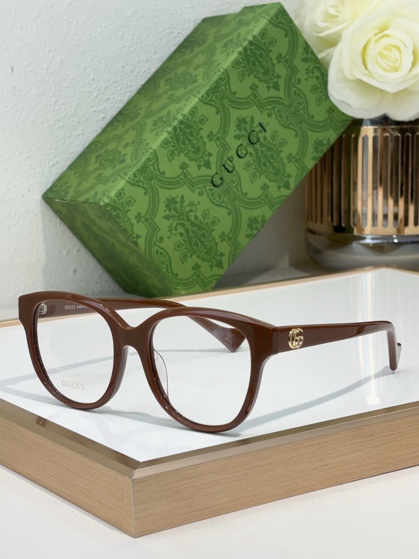 Gucci Cat - Eye Acetate Optical Eyeglasses with Gold Double G Accents & Prescription Lenses - GG1267O