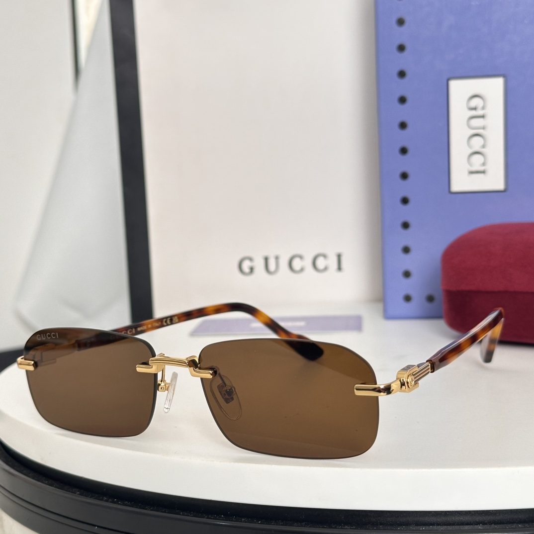 Gucci Rimless Square Sunglasses with Gold - Tone Frame, Tortoiseshell Temples & Brown Lenses - GG1262S