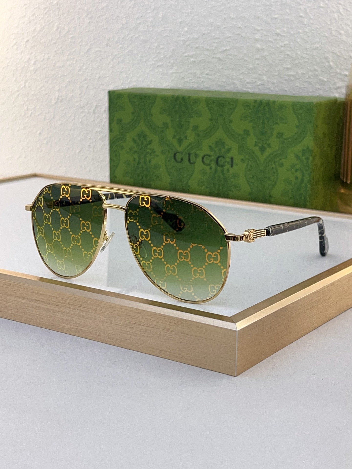Gucci Aviator Metal Sunglasses with Gold GG - Print Gradient Green Lenses - GG1261S