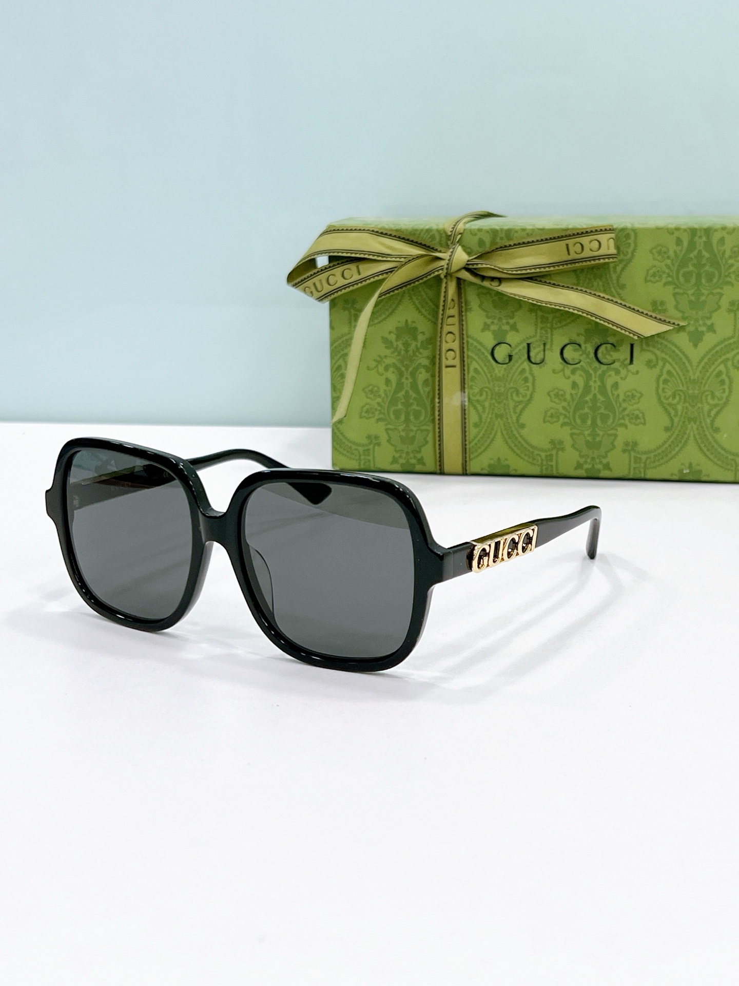 Gucci Square Acetate Sunglasses with Gold Interlocking G Temples & Dark Gray Lenses - GG1260S