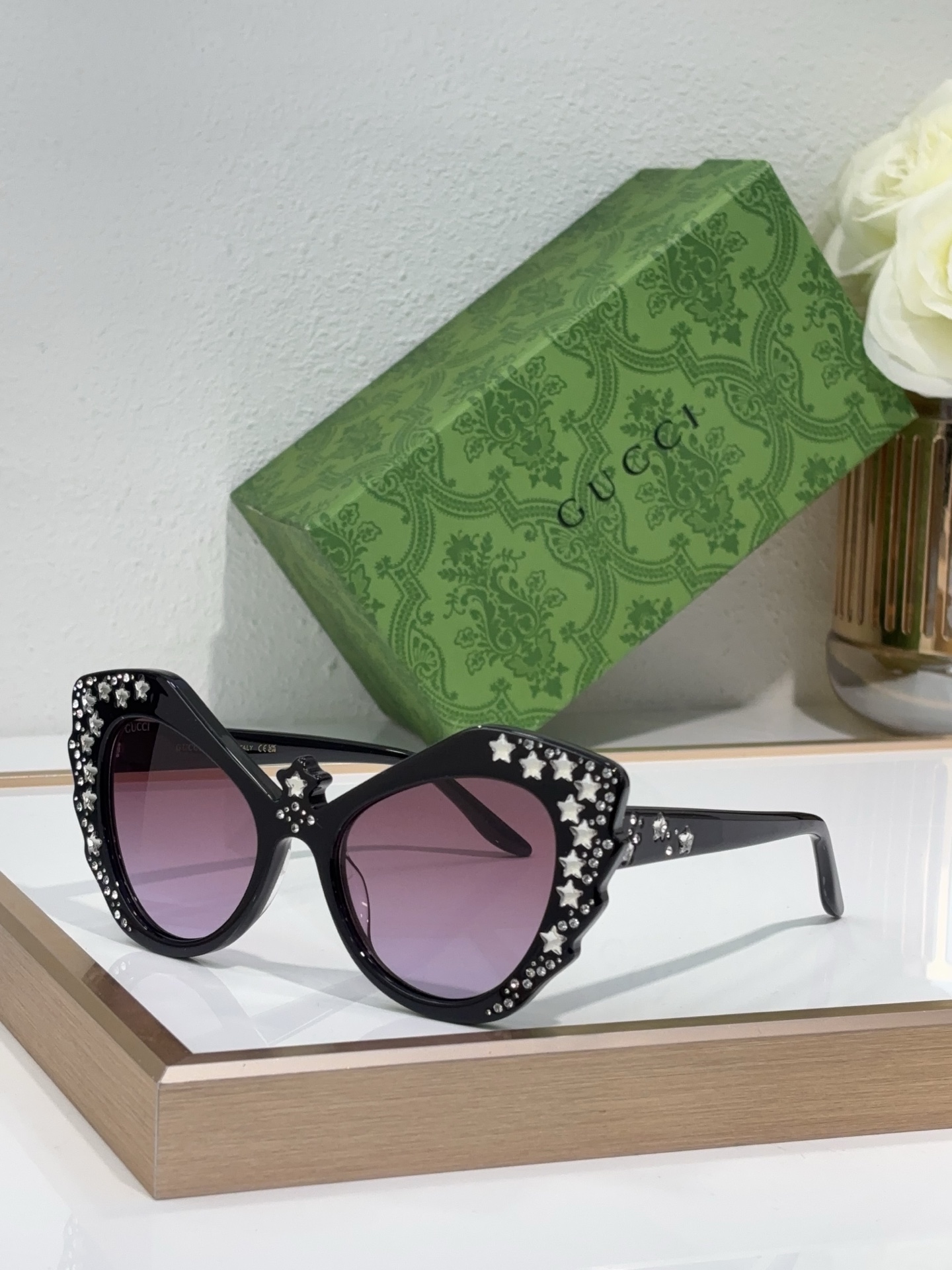 Gucci Cat - Eye Acetate Sunglasses with Crystal Star Embellishments, Dark Gray Lenses & Black Frame - GG1255S