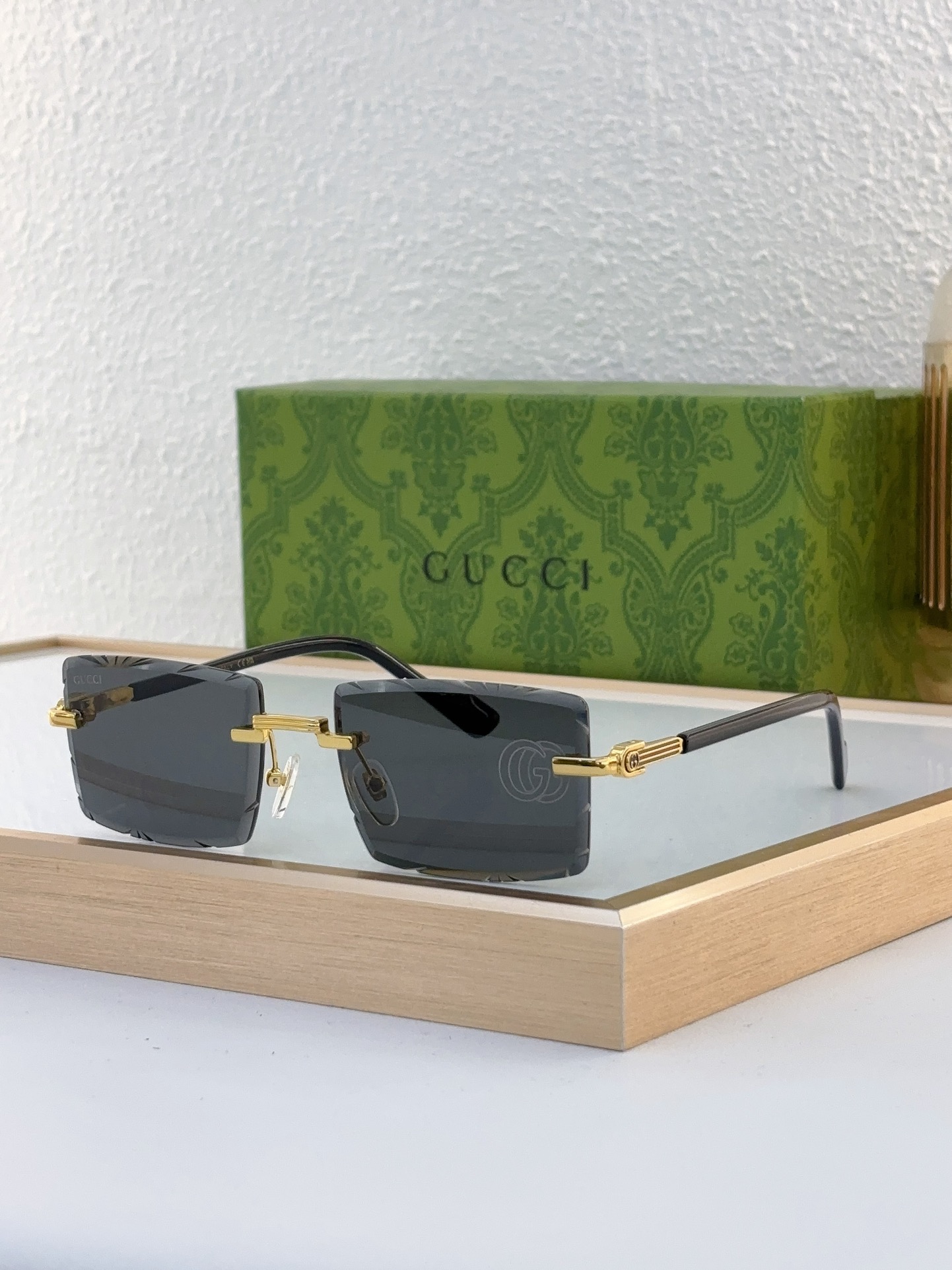 Gucci Rimless Square Sunglasses with Rose Gold Metal Frame, Gradient Brown Lenses & Brand Detailing - GG1250S