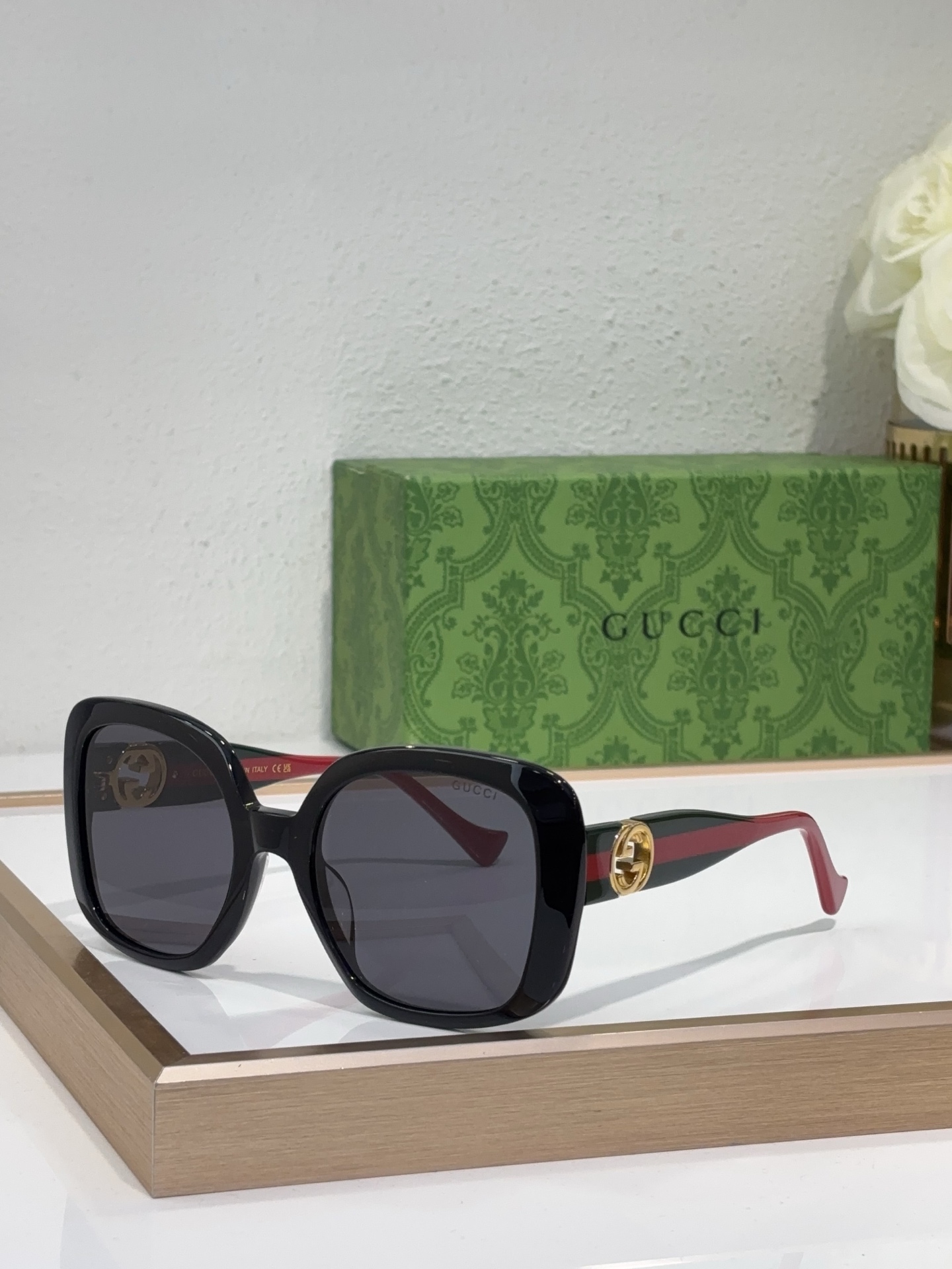 Gucci Square Acetate Sunglasses with Gold Double G Accents, Light Green Frame & Gradient Brown Lenses - GG1247S