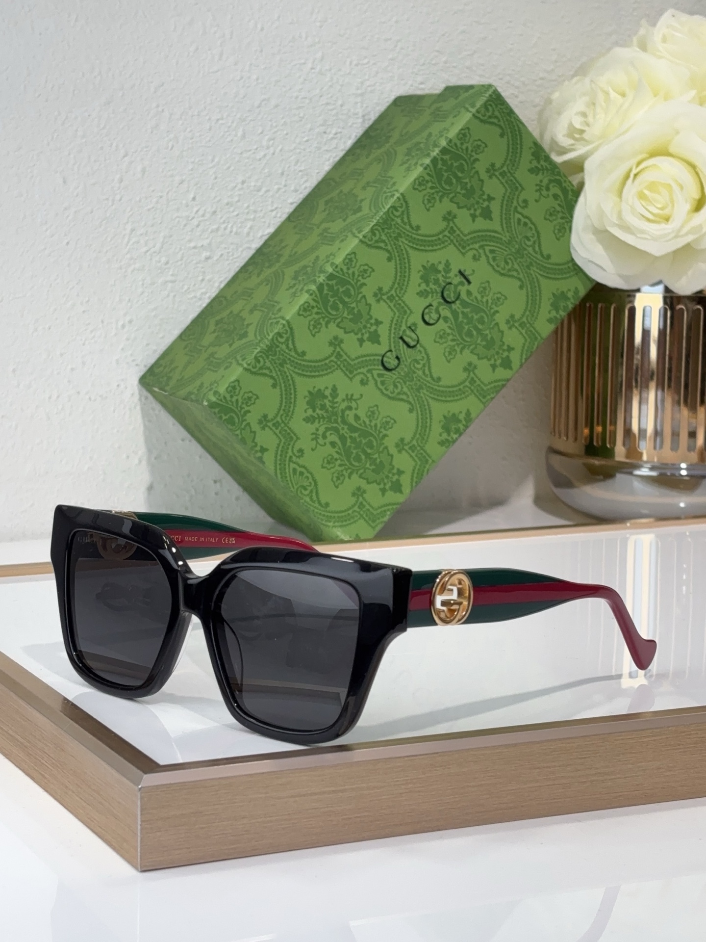 Gucci Square Tortoiseshell Acetate Sunglasses with Gold Double G Accents & Brown Lenses - GG1246S