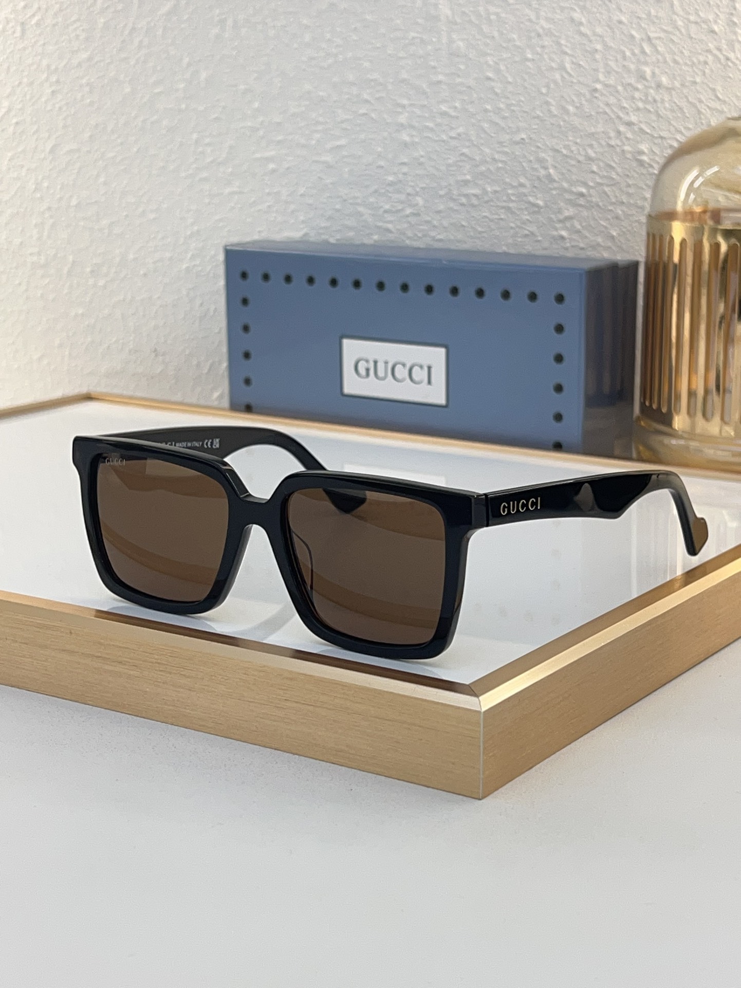 Gucci Square Acetate Sunglasses with Red - Green Web Accents, Dark Green Lenses & Black Frame - GG1244S