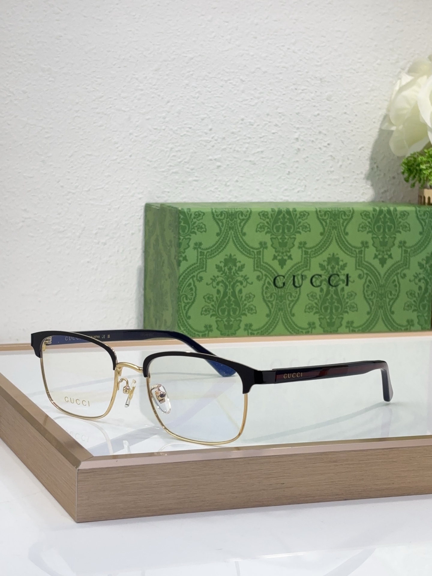 Gucci Semi - Rimless Optical Eyeglasses with Black Acetate & Gold Metal Frame, Anti - Blue Light Lenses & Red Accents - GG1242O