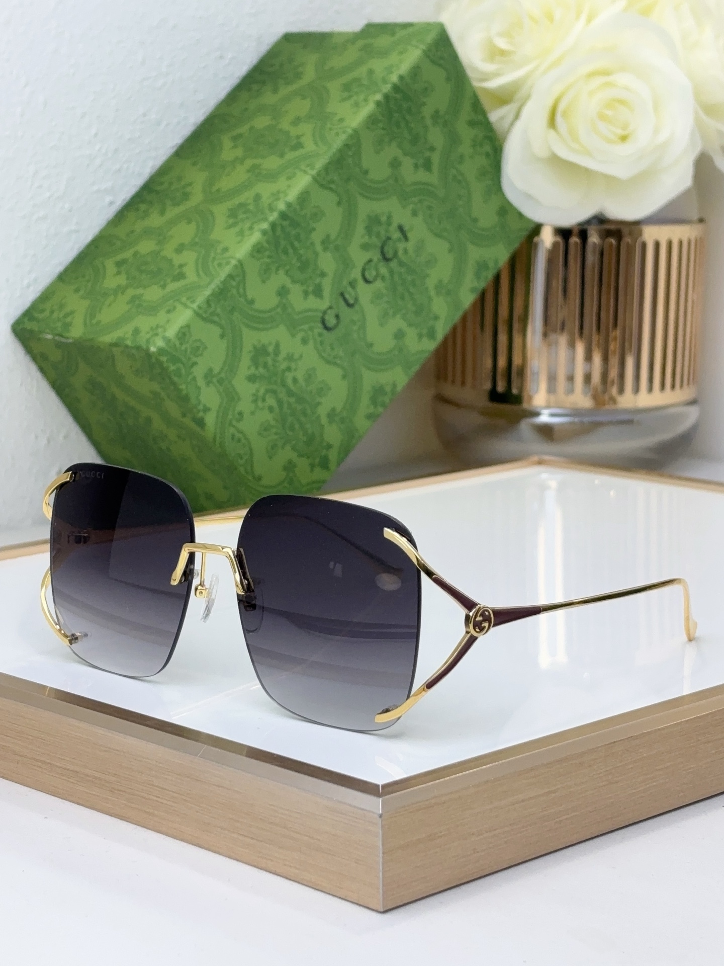 Gucci Square Semi - Rimless Sunglasses with Gold - Tone Metal Frame, Burgundy Accents & Dark Gray Lenses - GG1003S