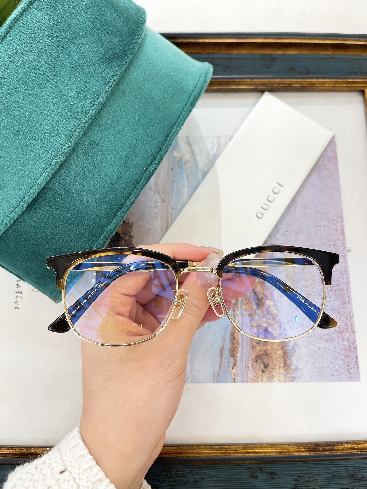 Gucci Clubmaster Semi - Rimless Optical Eyeglasses with Black Acetate & Gold Metal Frame, Anti - Blue Light Lenses & Brand Detailing - GG0667O