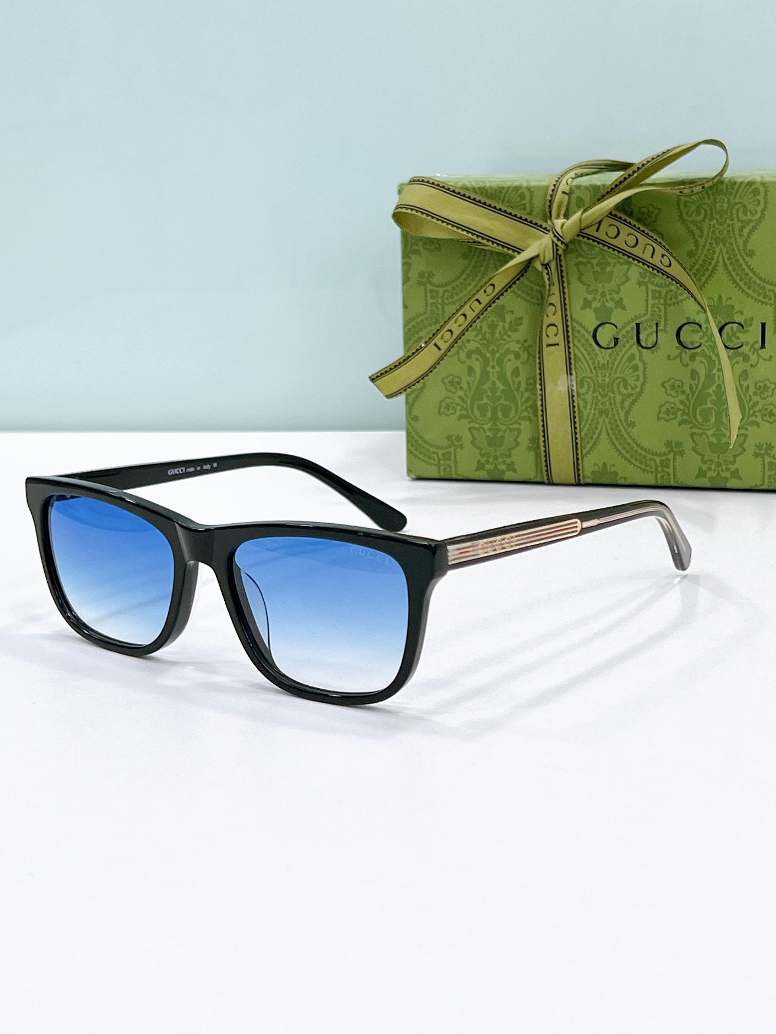 Gucci Square Acetate Sunglasses with Gradient Blue Lenses, Black Frame & Metal Temple Accents - GG0999S