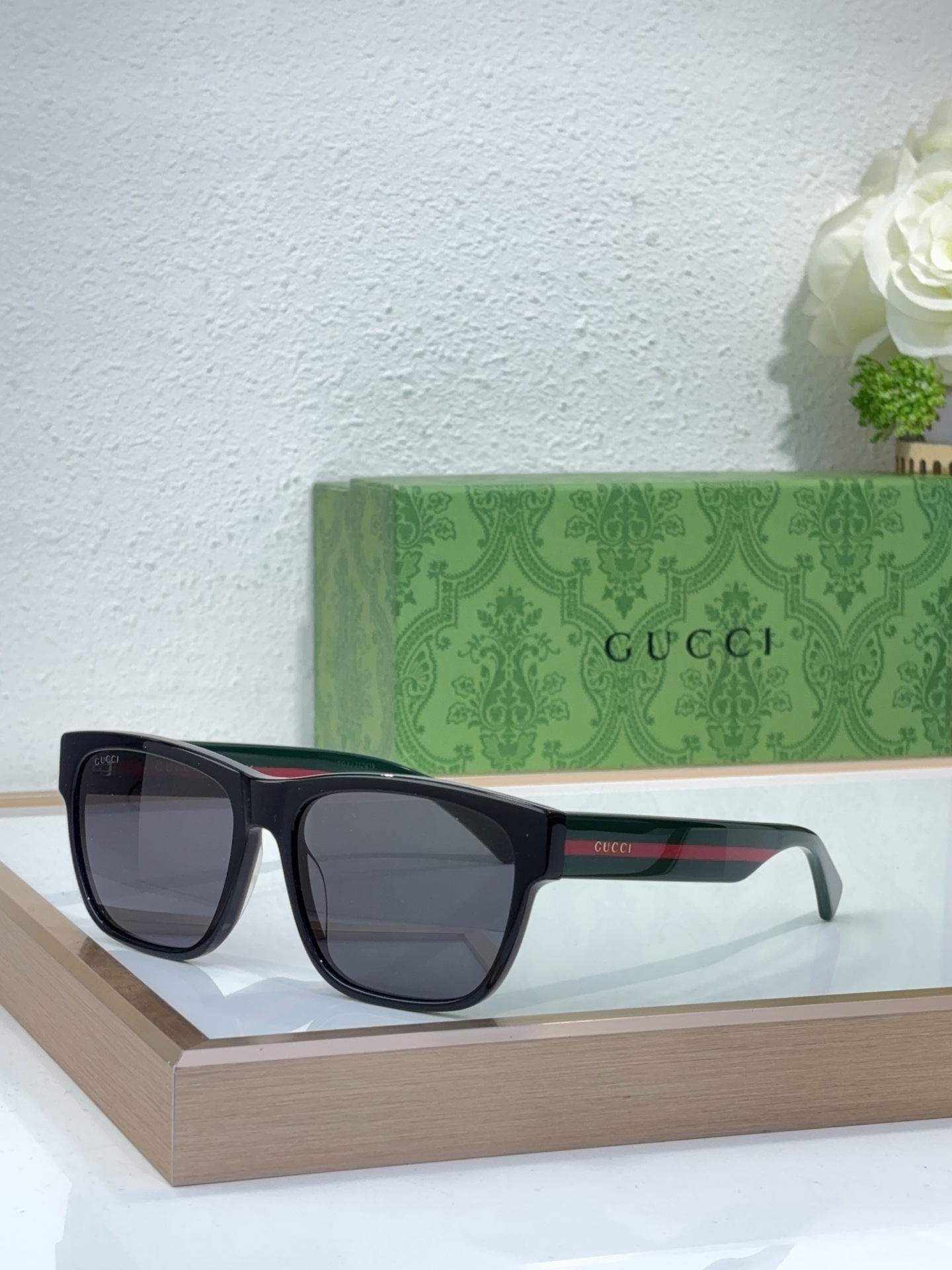 Gucci Square Acetate Sunglasses with Web Stripe Temples, Dark Gray Lenses & Black Frame - GG0743S