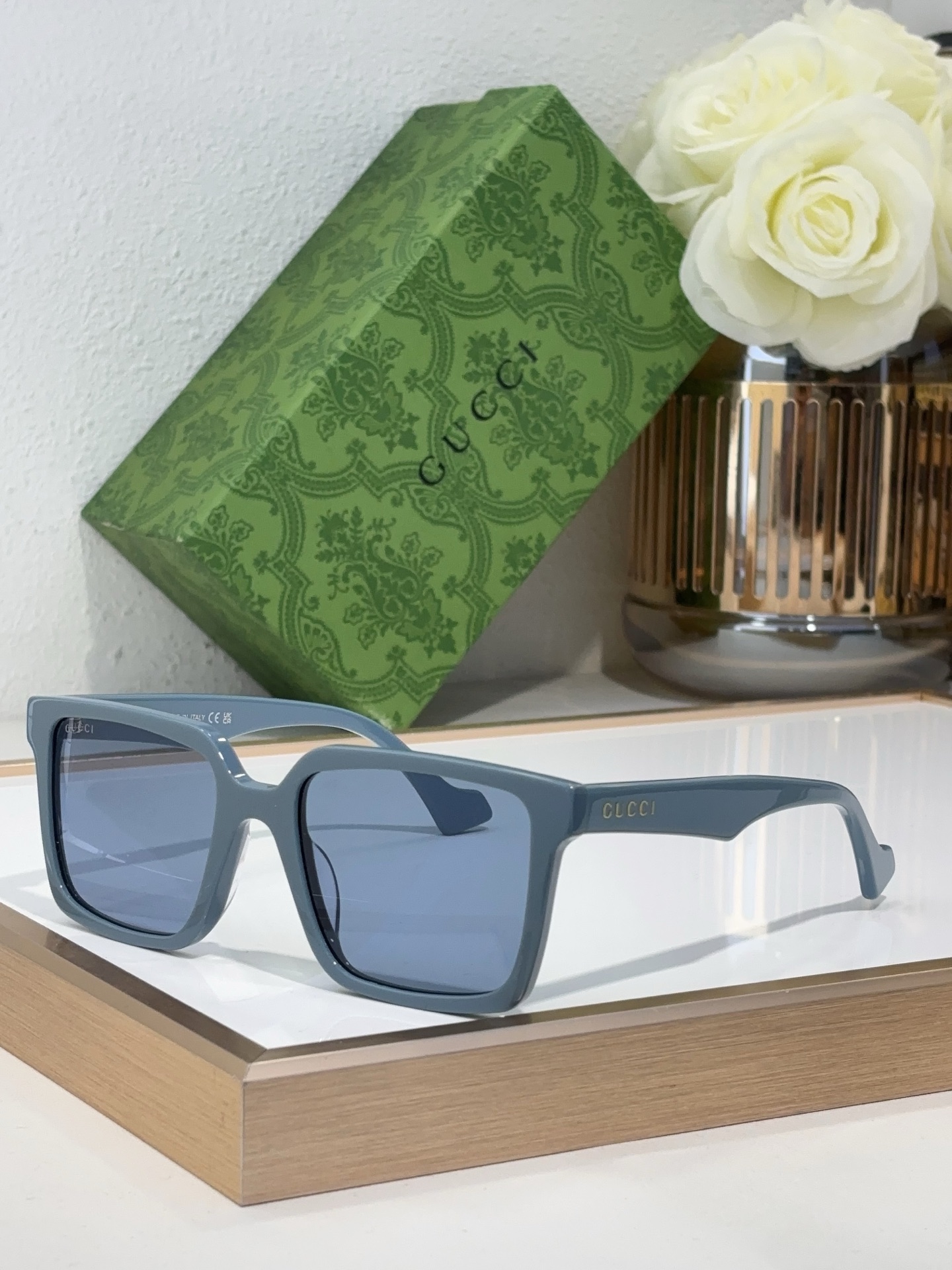 Gucci Square Acetate Sunglasses with Dark Gray Lenses, Black Frame & Gold Branding - GG1236S