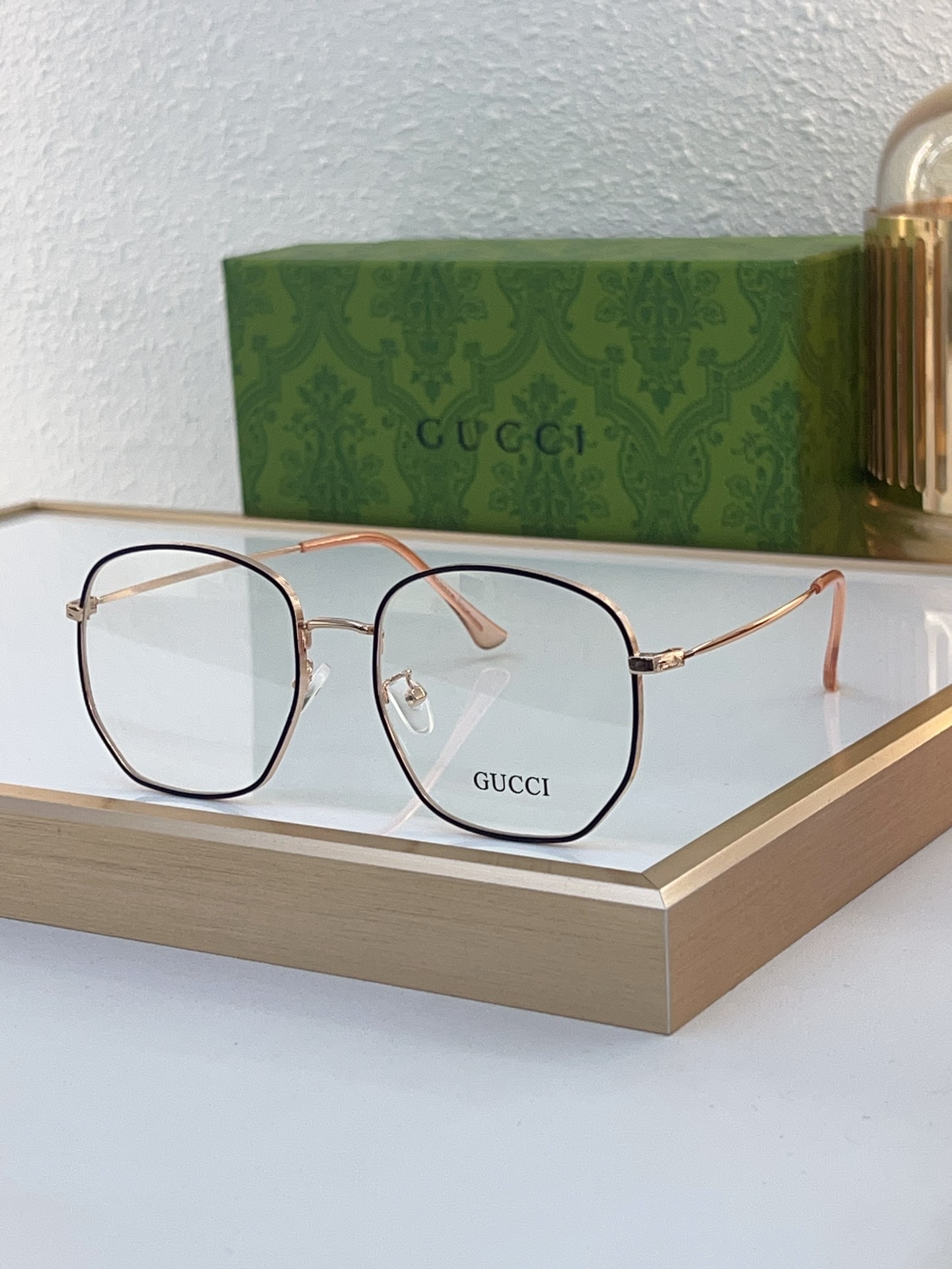 Gucci Hexagonal Metal Optical Eyeglasses with Silver - Tone Frame, Clear Prescription - Ready Lenses & Brand Detailing - GG0968O