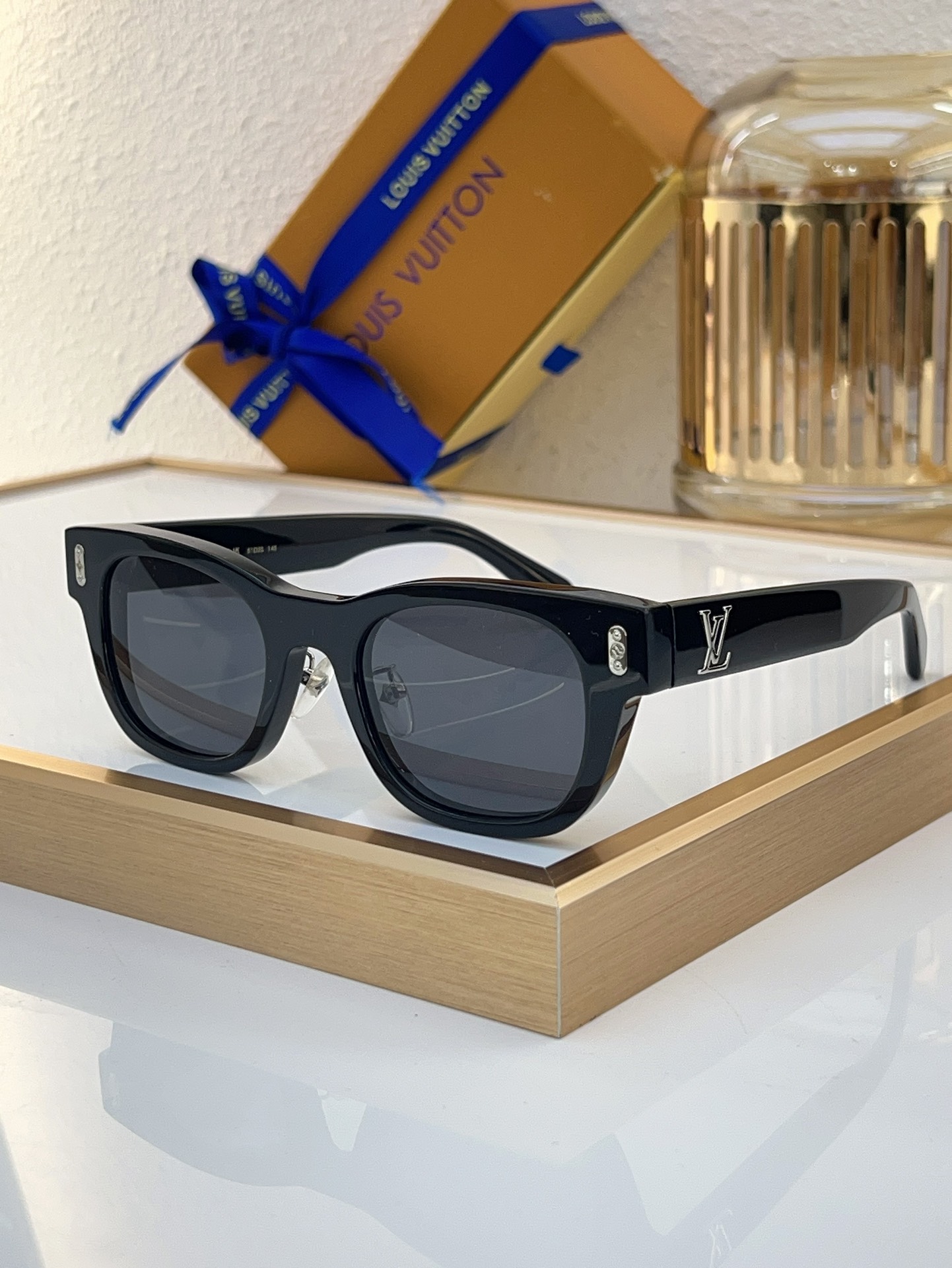 Louis Vuitton Square Acetate Sunglasses with Gradient Yellow - to - Green Lenses, Transparent Ombre Frame & Gold LV Motif - Z1830E