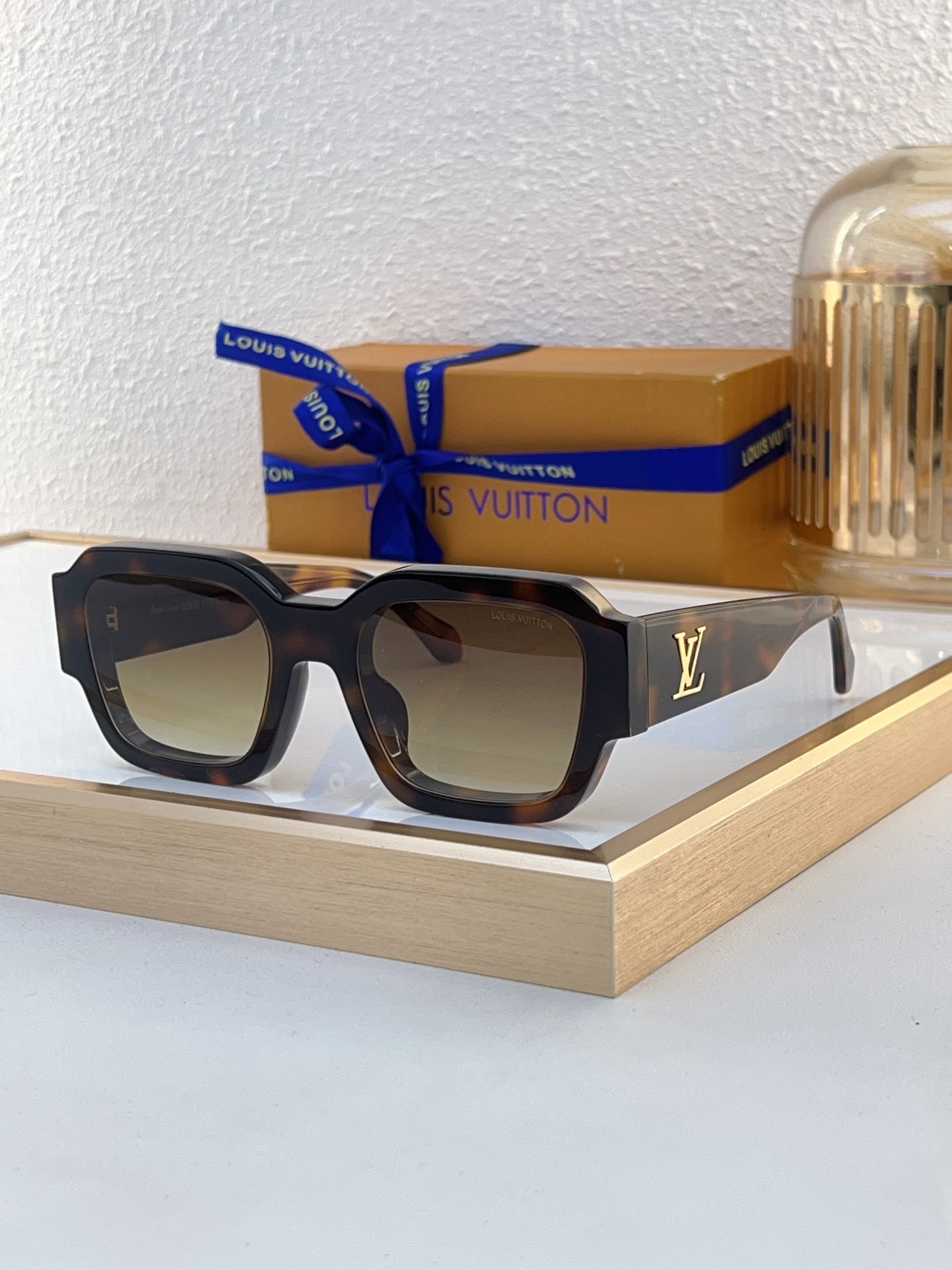 Louis Vuitton Square Acetate Sunglasses with Silver LV Motif, Black Glossy Frame & Gradient Lenses - Z1803E