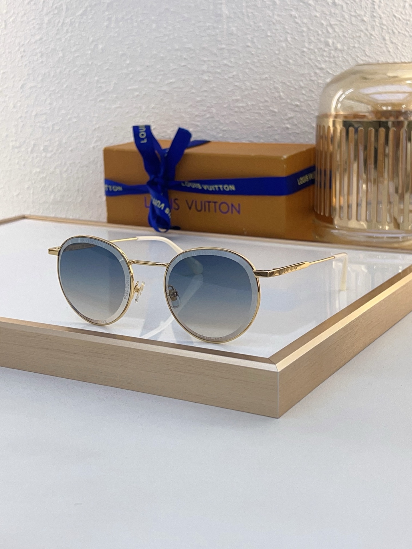Louis Vuitton Round Metal Sunglasses with Gold - Tone Frame, Gradient Blue Lenses & Signature Detailing - Z1800E