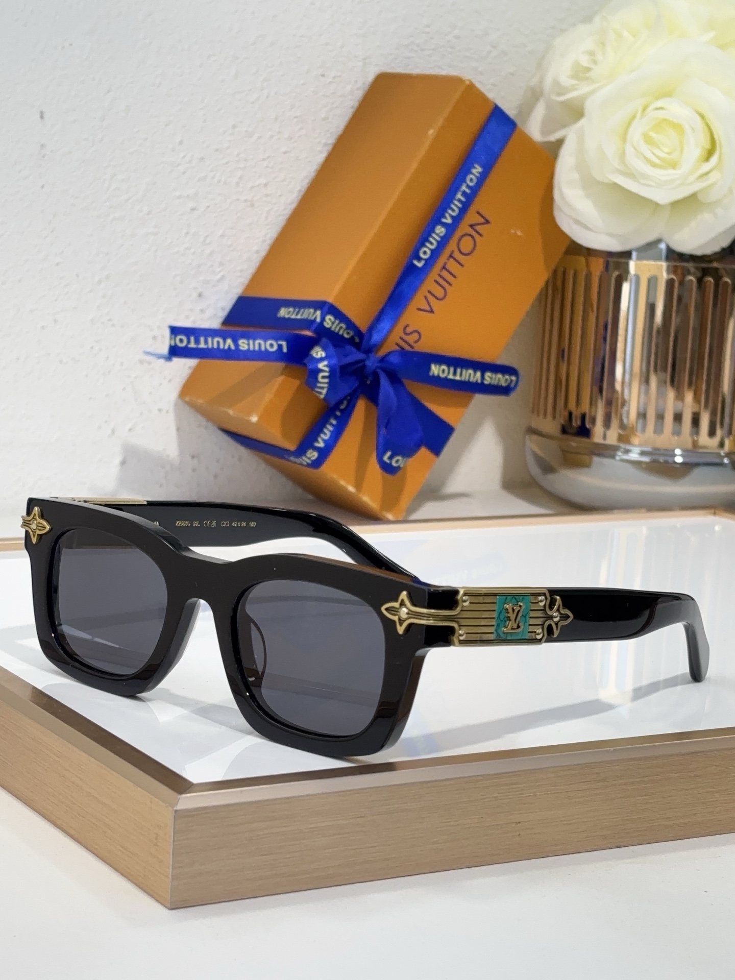 Louis Vuitton Square Acetate Sunglasses with Ornate Metal Accents, Olive Green Frame & Gradient Lenses - Z1792E