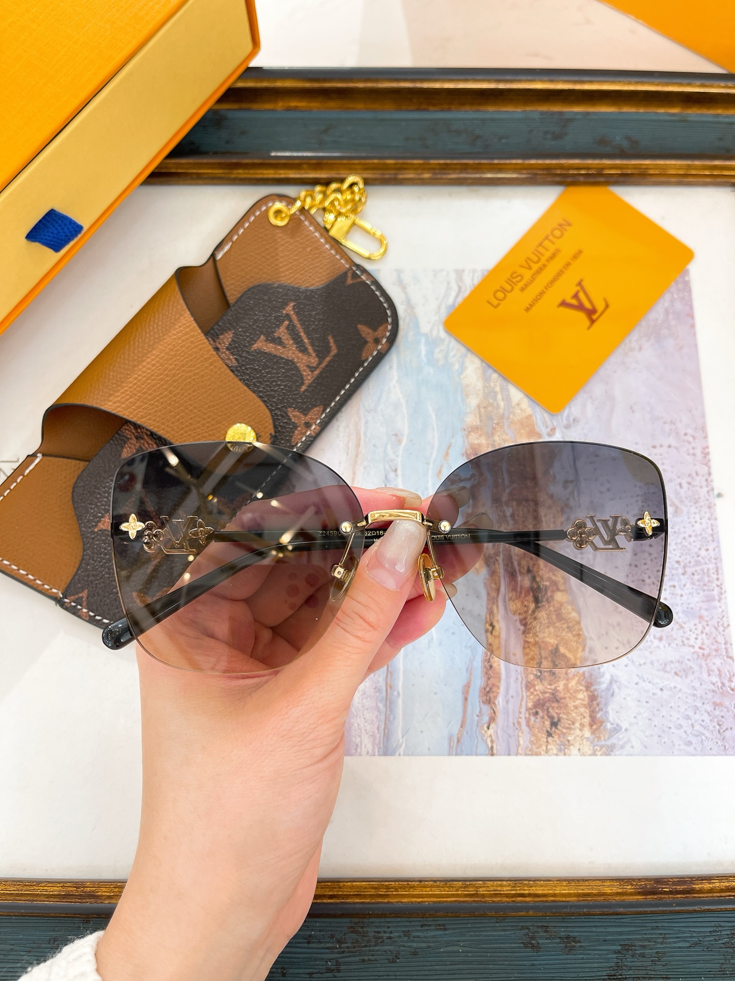 Louis Vuitton Rimless Square Sunglasses with Gold Metal Accents & Gradient Gray Lenses - Z1783E