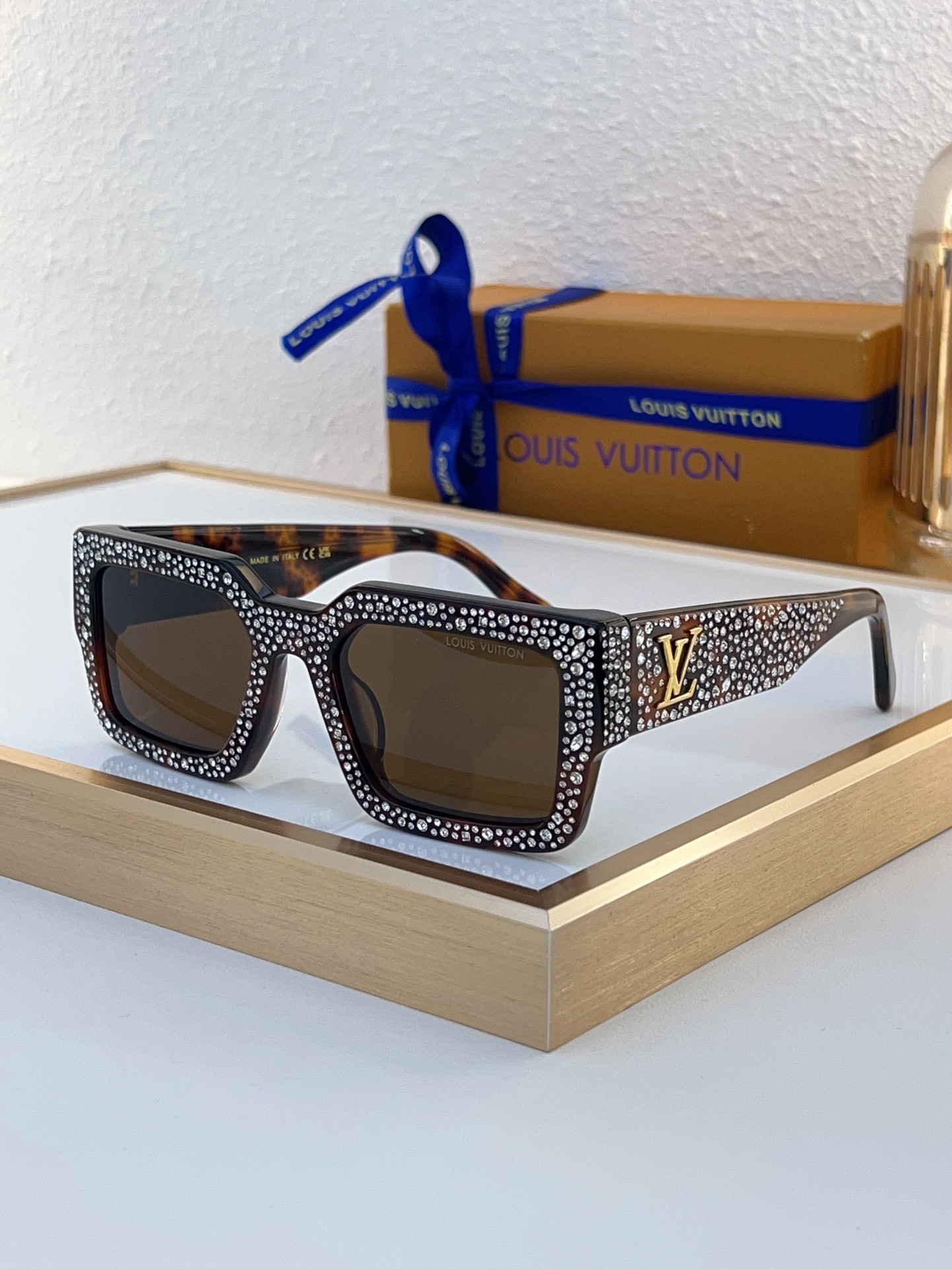 Louis Vuitton Square Acetate Sunglasses with Crystal Embellishments, Tortoiseshell Accents & Gold LV Motifs - Z1774E