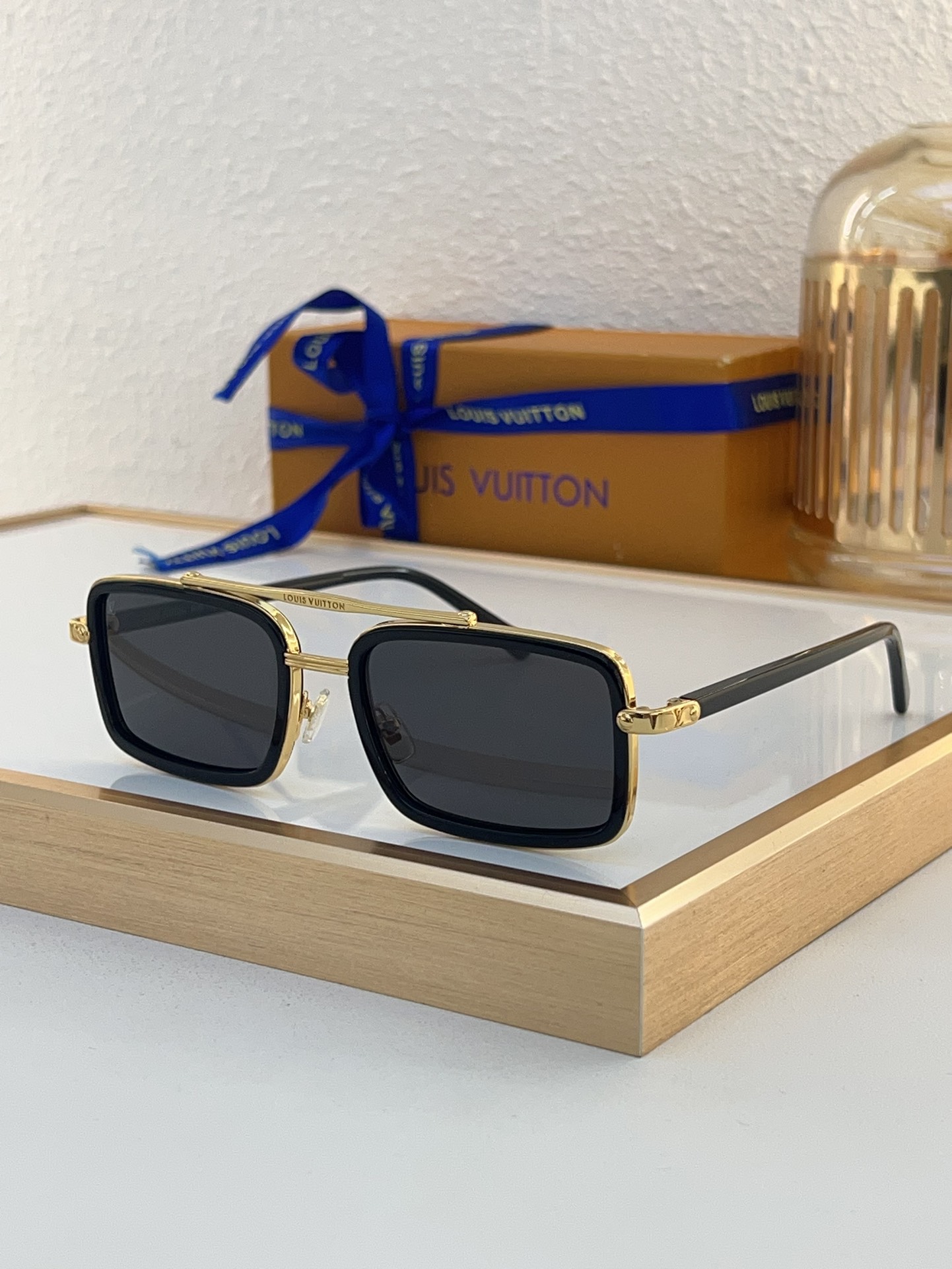 Louis Vuitton Square Double - Bridge Sunglasses with White Acetate, Gold Metal & Monogram Lenses - Z1760E