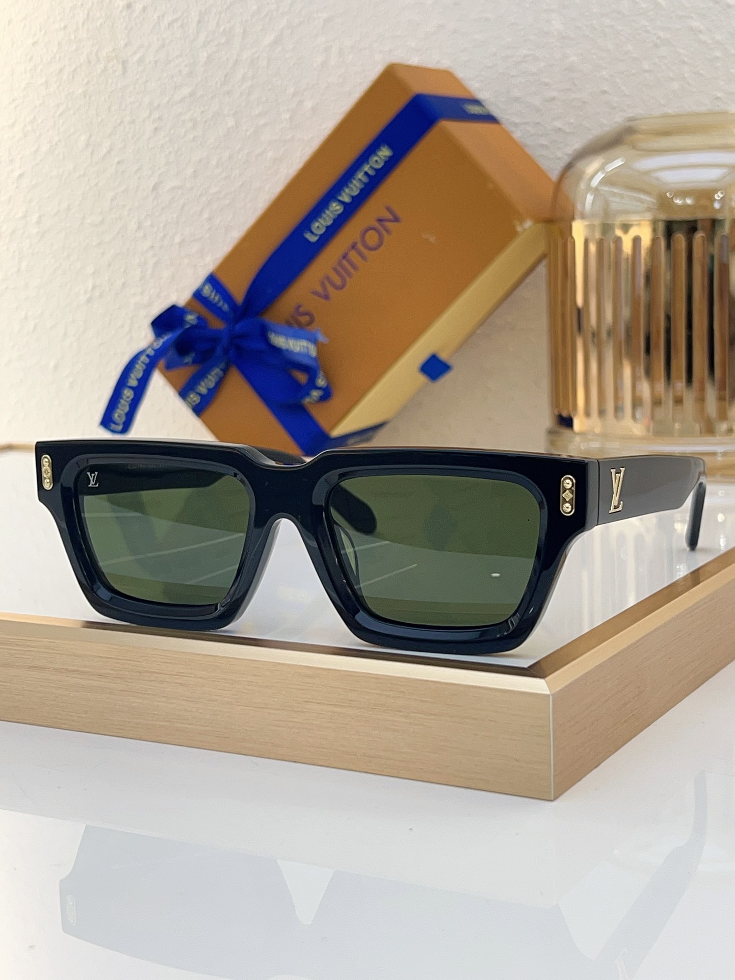 Louis Vuitton Square Acetate Sunglasses with Gold LV Accents & Rivet Detailing - Z1759E