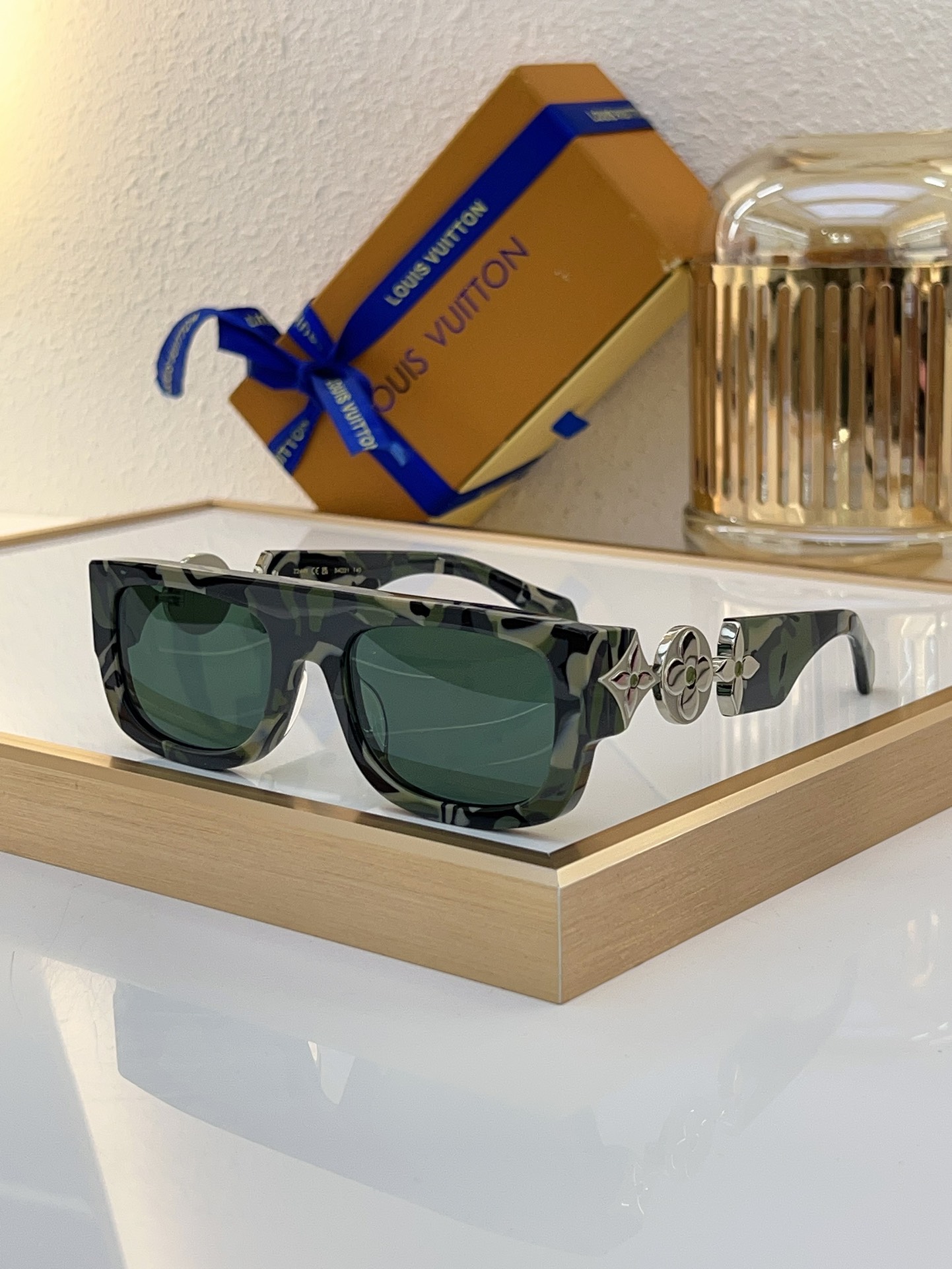 Louis Vuitton Square Camouflage Acetate Sunglasses with Silver Flower Motif - Z1752E