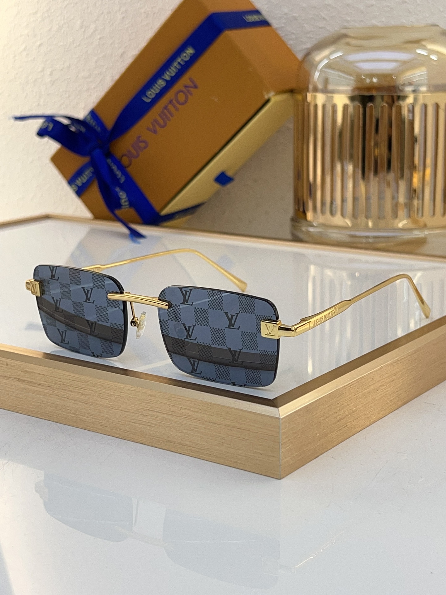 Louis Vuitton Rimless Square Sunglasses with Damier Pattern & Gold Metal Frame - Z1751E