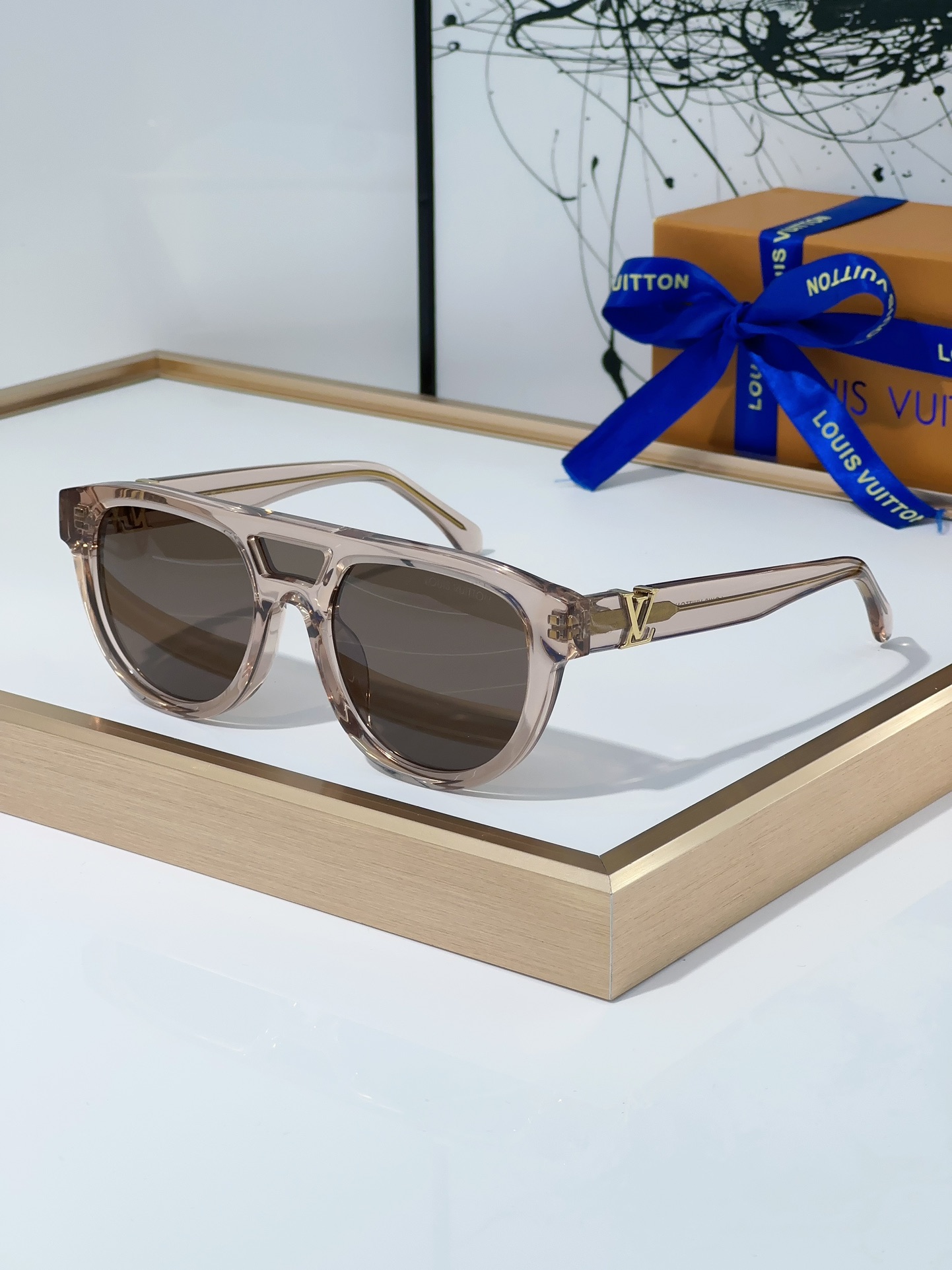 Louis Vuitton Transparent Aviator - Inspired Sunglasses with Gold LV Accents - Z1732E