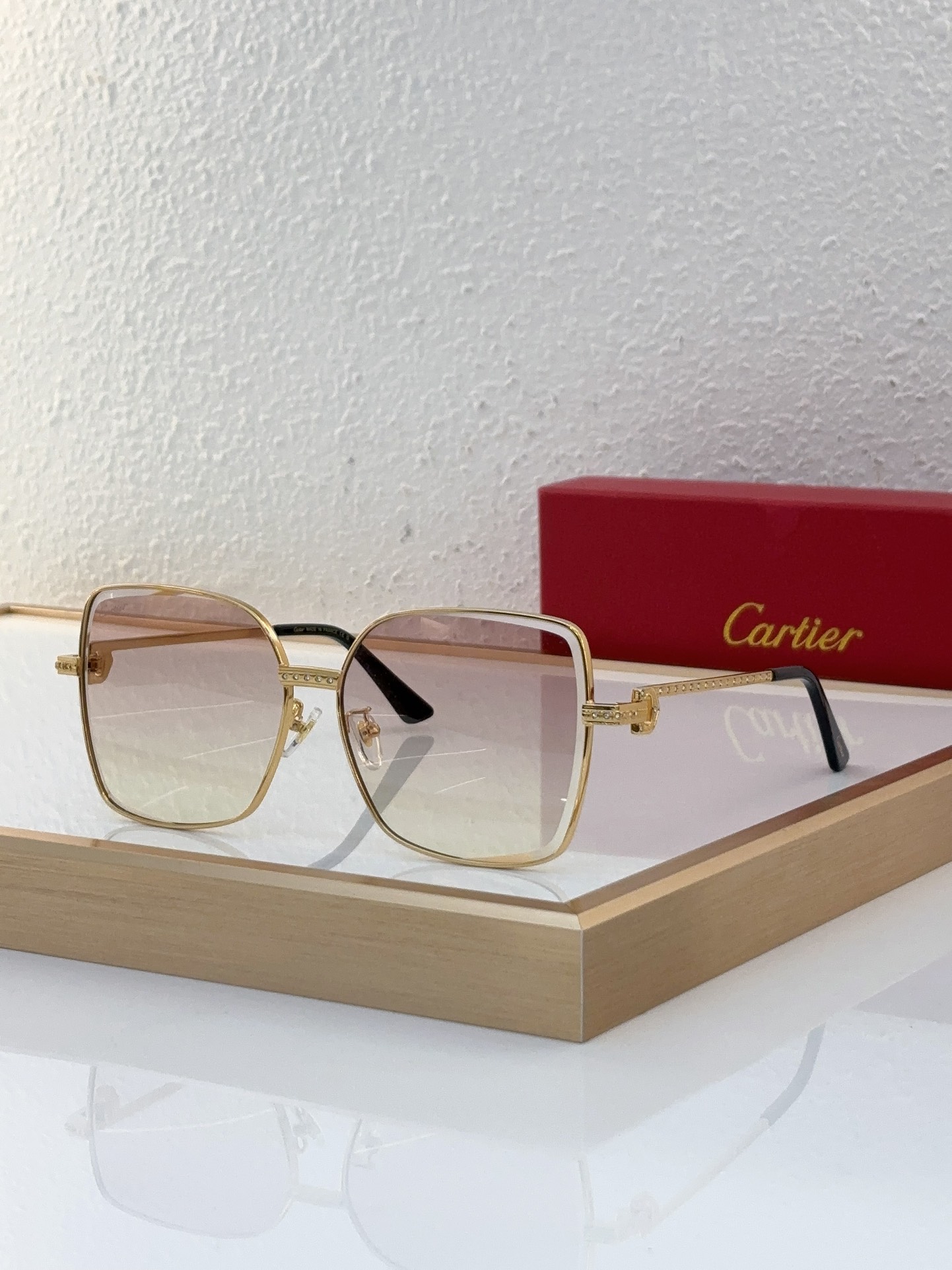 Cartier CT0675S Square Sunglasses with Gold - Tone Metal Frame, Diamond Accents