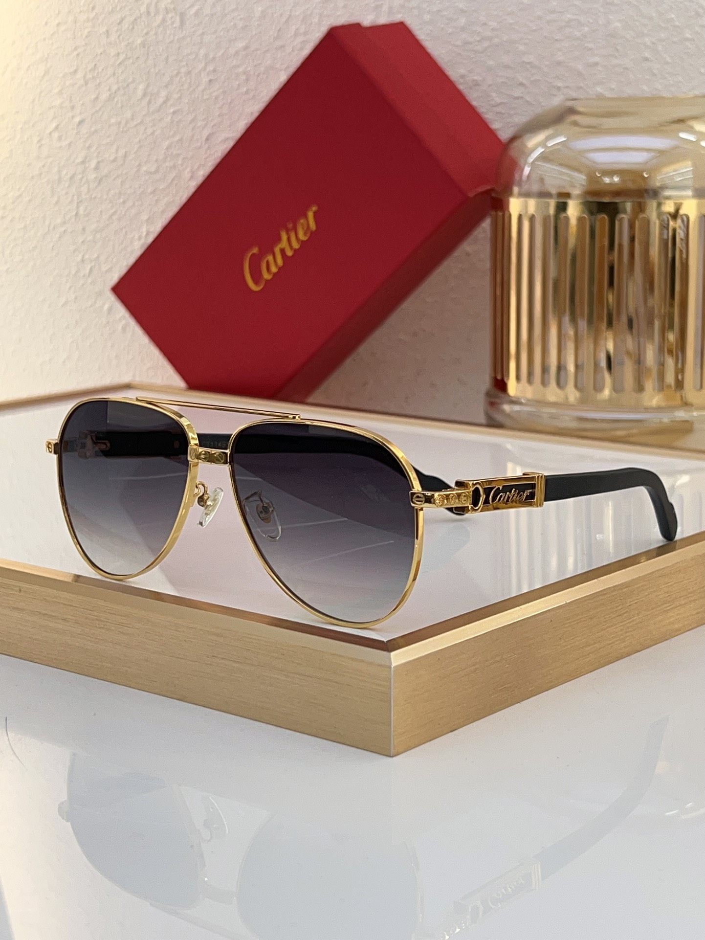 Cartier CT0672S Aviator Sunglasses with Gold - Tone Metal Frame & Dark Green Lenses