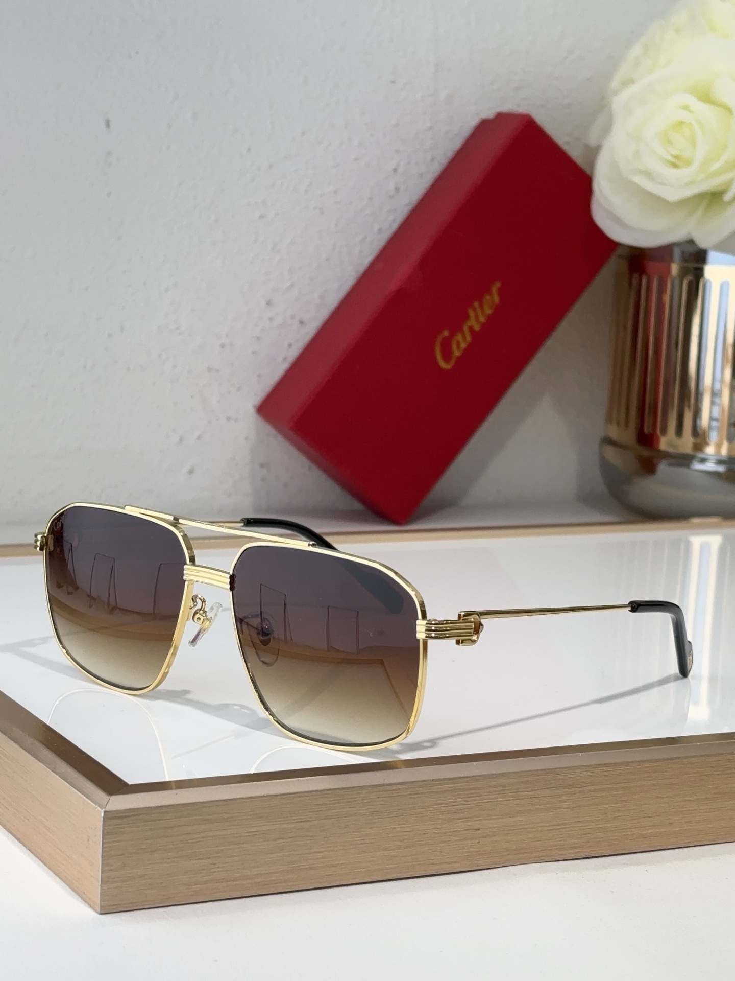 Cartier Double - Bridge Square Sunglasses with Gold - Tone Metal Frame & Gradient Brown Lenses