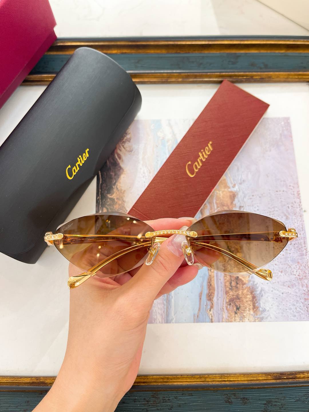 Cartier Rimless Cat - Eye Sunglasses with Gold - Tone Frame, Amber Gradient Lenses & Crystal Accents