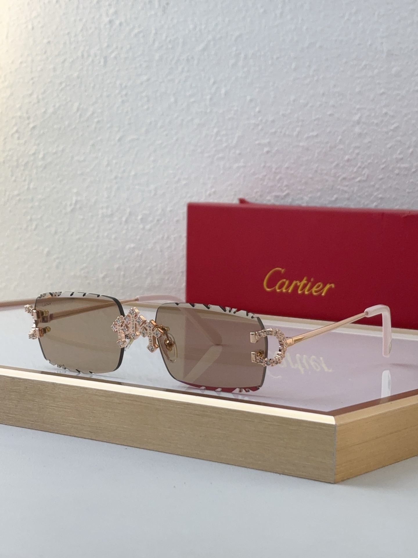 Cartier CT0650S Rimless Square Sunglasses with Rose Gold & Crystal - Embellished Ornamental Accents