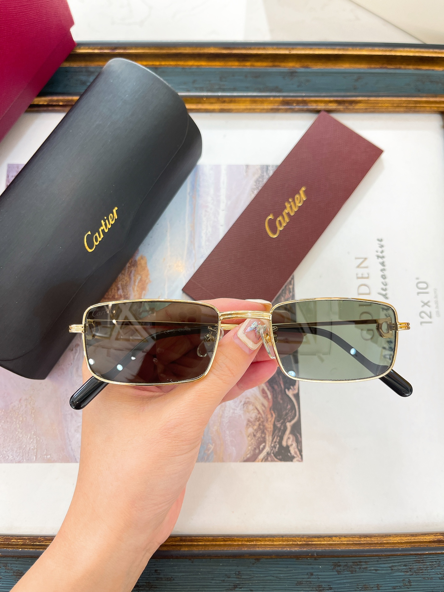 Cartier CT0574 Rectangular Gold-Frame Sunglasses