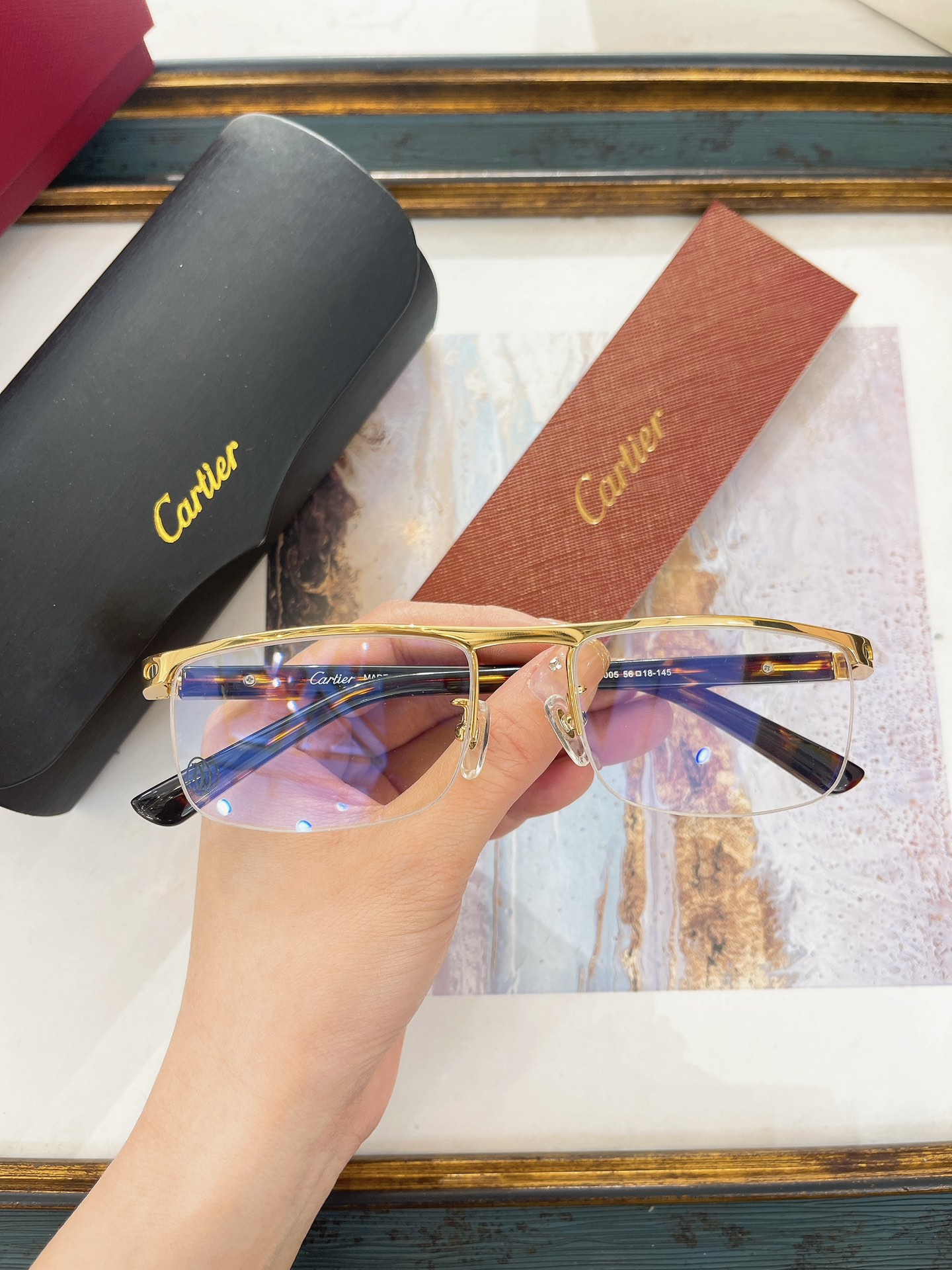 Cartier CT4581369 Diamond-Set Half-Rim Rectangular Eyeglasses
