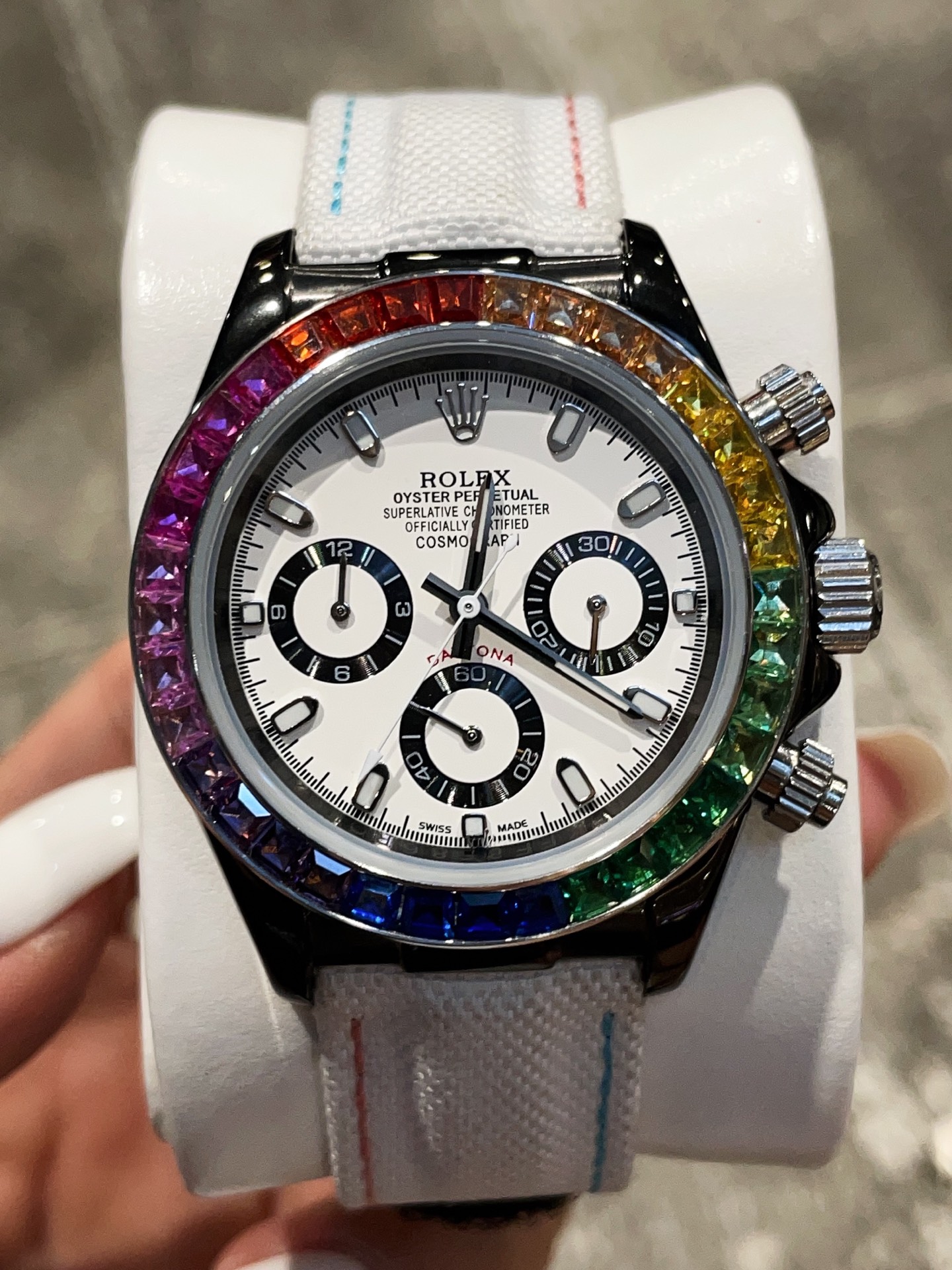 Rolex Cosmograph Daytona Rainbow 43mm Arctic White Dial with Multicolor Strap Stitching