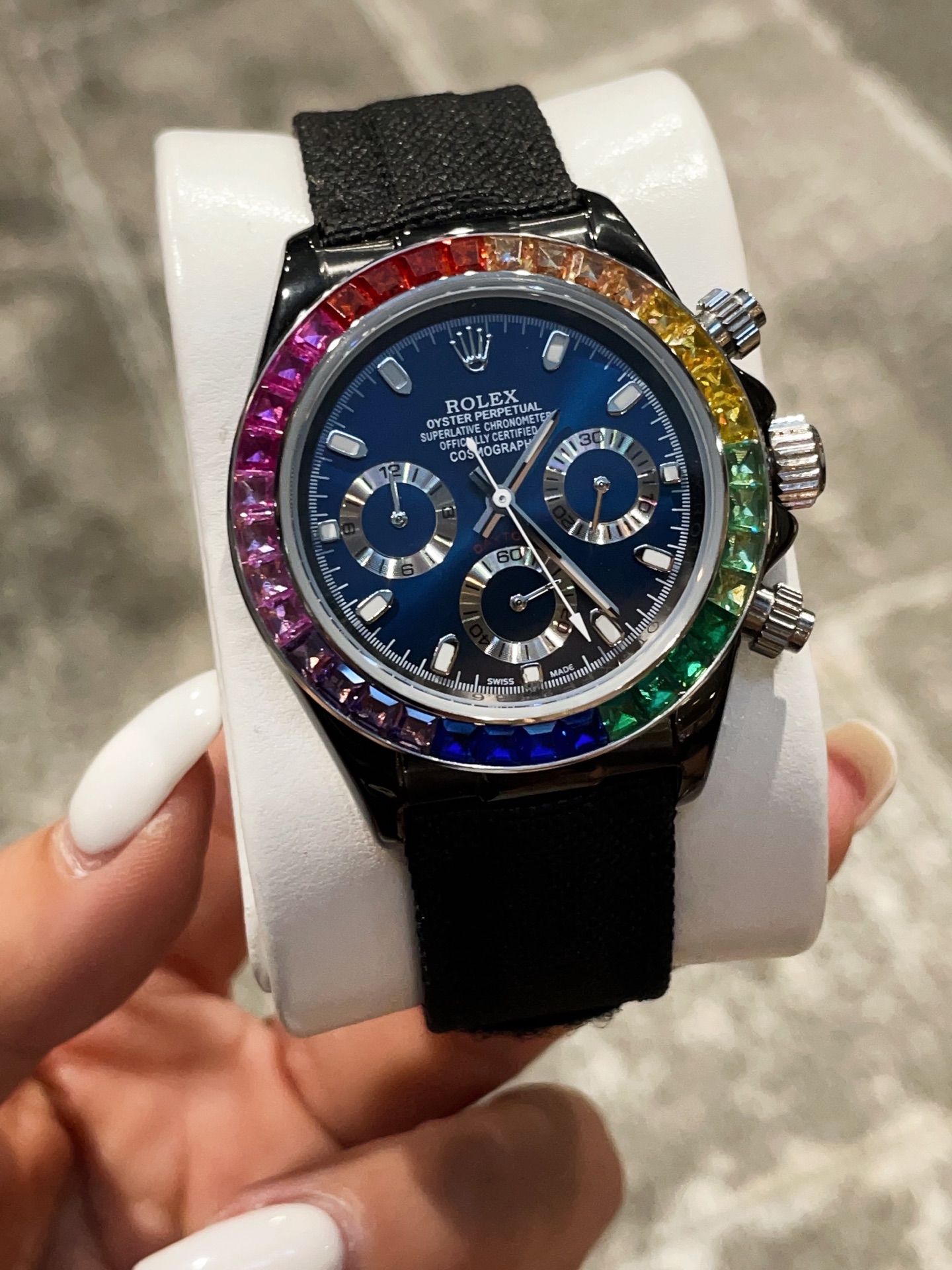 Rolex Cosmograph Daytona Rainbow 43mm Midnight Blue Dial with Black Fabric Strap