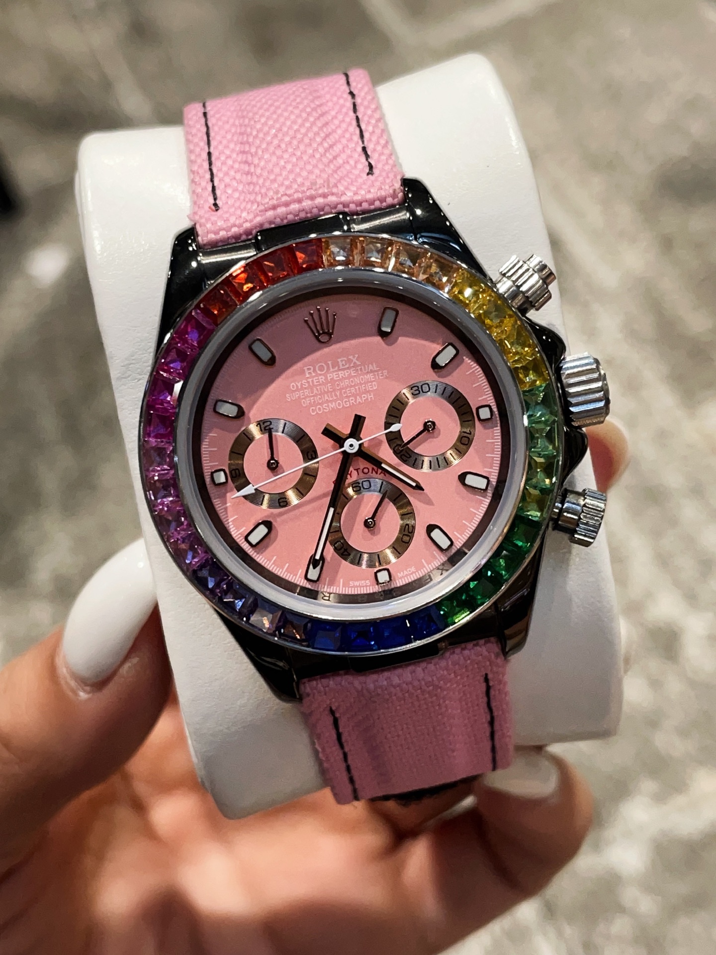 Rolex Cosmograph Daytona Rainbow 43mm Pink Dial with Pink Fabric Strap